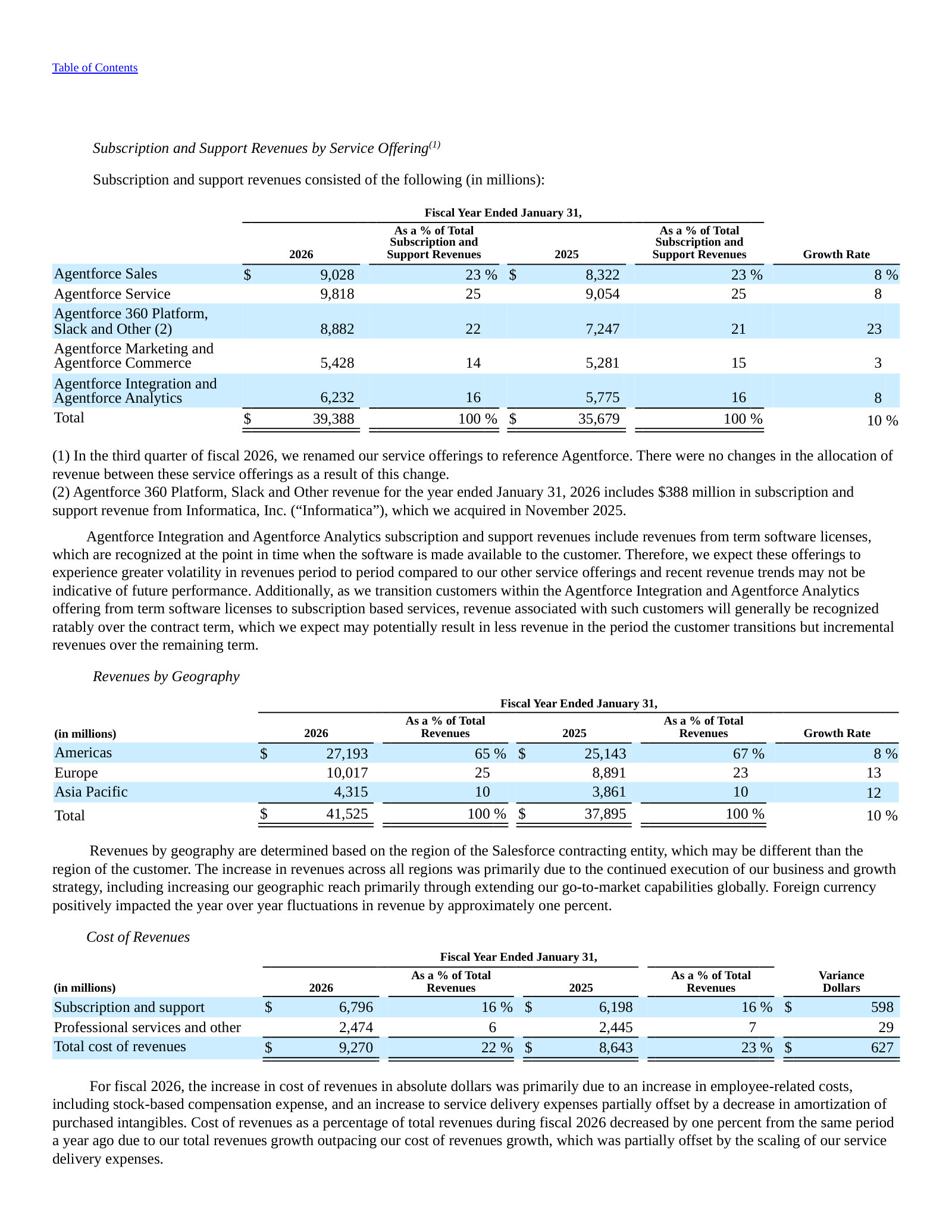 Subscription revenue split across the five Agentforce offering lines and by geography, with growth rates for each.